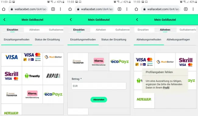 Einzahlungsmöglichkeiten bei Wallacebet