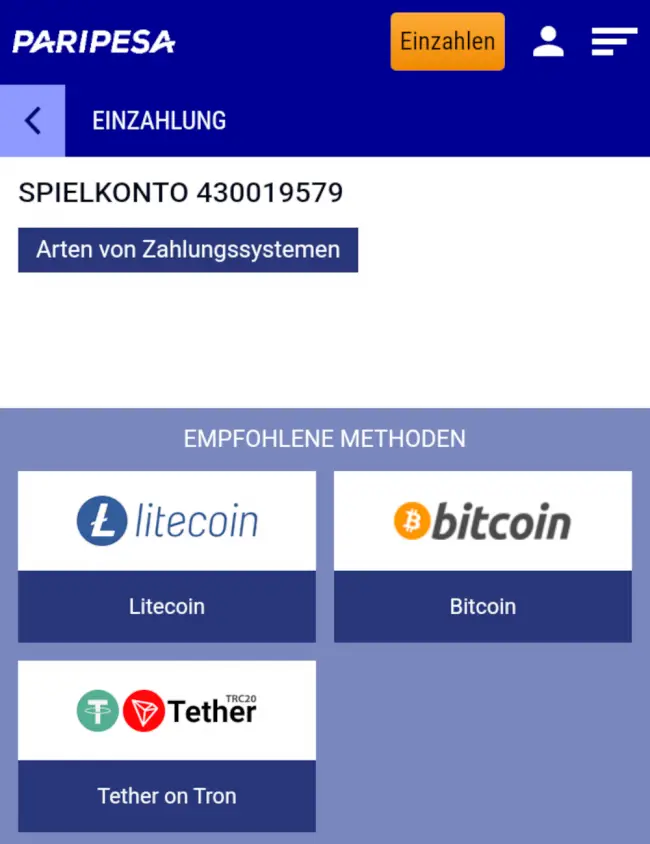 Kryptowährungen sind bei Paripesa das häufigste Zahlungsmittel.