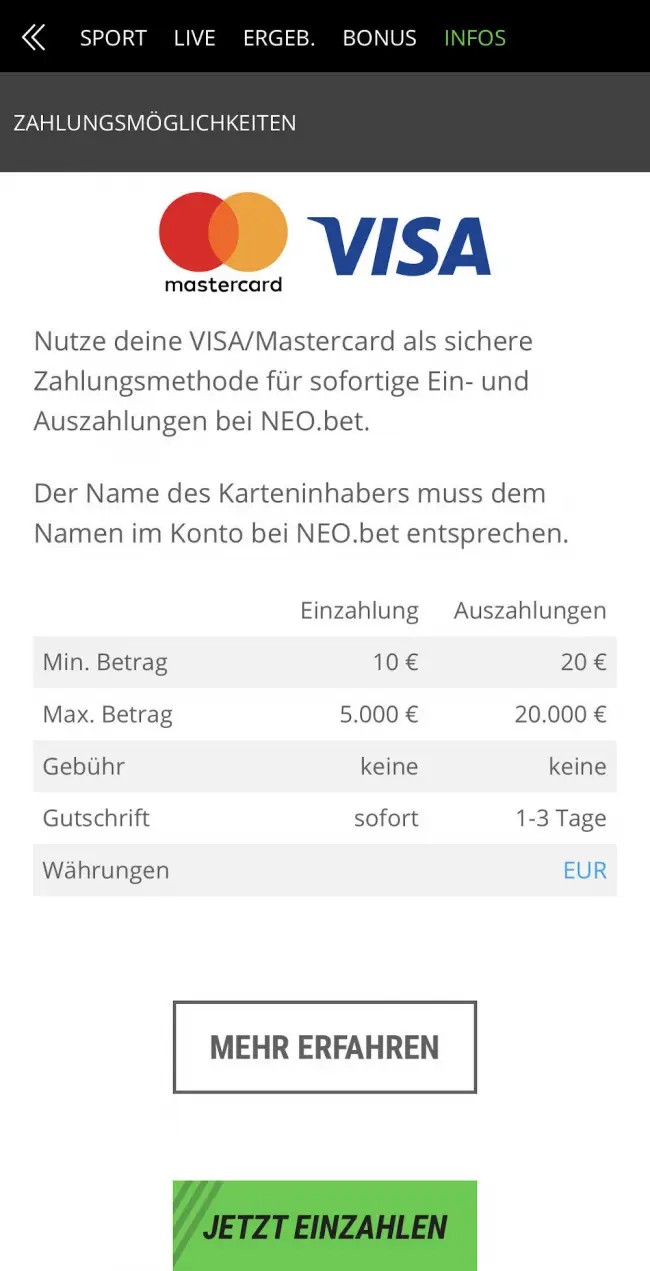 Neo-bet Zahlungsmöglichkeiten