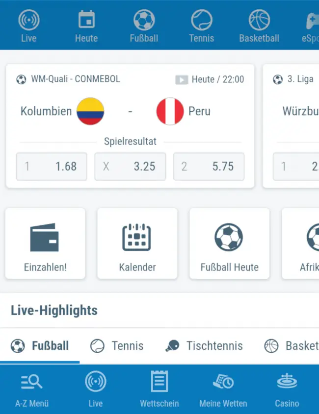 Sportingbet Hauptmenü