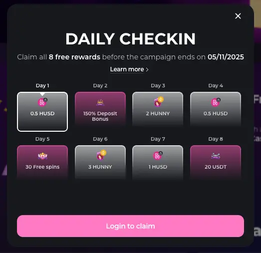 Hunnyplay Casino Daily Checkin