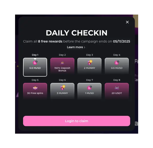 Hunnyplay Casino Daily Checkin
